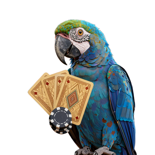 Martin der Arapapagei pr&auml;sentiert Casino-Chips und Spielkarten im Art-Deco-Design