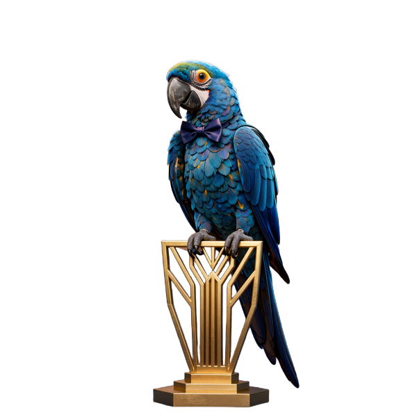 Martin, der blaue Arapapagei - Maskottchen von Martin Casino im Art-Deco-Stil der 1920er Jahre